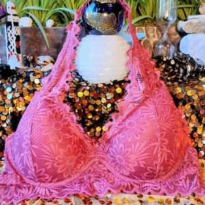 OSNT Padded COMFORT PINK M Victoria's Secret Floral Lace Halter Bralette - Pink